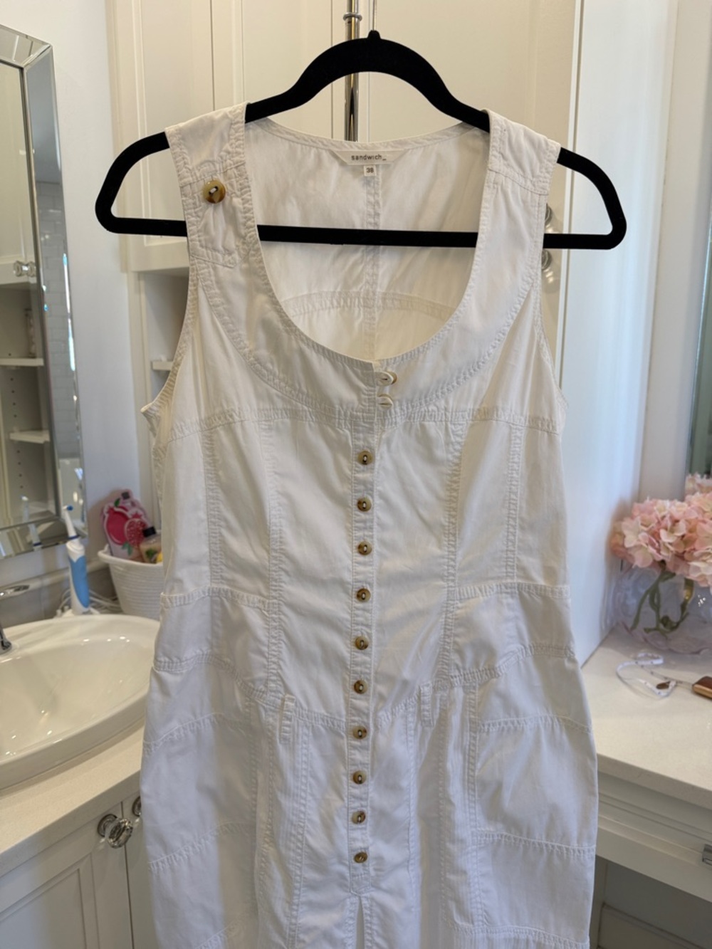 Sandwich White Button-Front Midi Dress with Scoop Neck